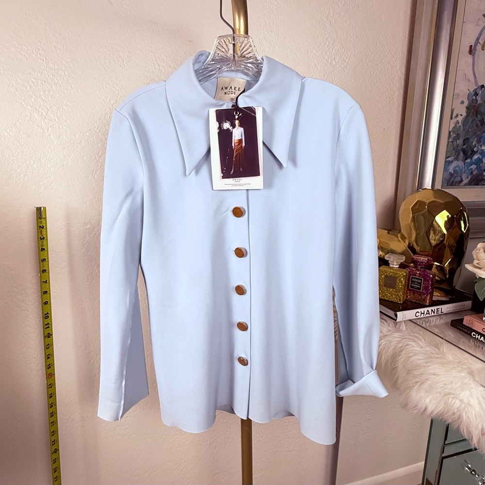 NWT A.W.A.K.E. MODE Pre-Spring 2020 Light Blue Raw Edge Fitted Blouse 42 - Picture 2 of 13